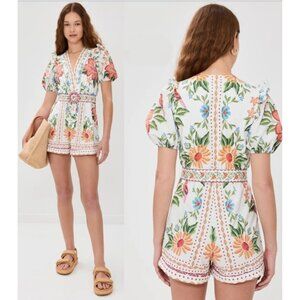 Caroline Constas Floral Multicolor Short Sleeves Linen Blend Off White Romper